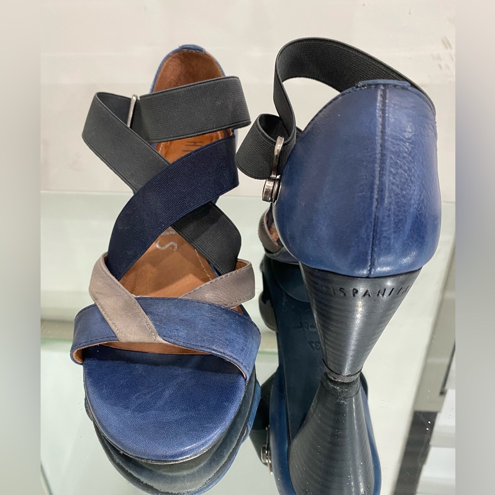 Leather Strappy Platform Heels in Navy and Gray